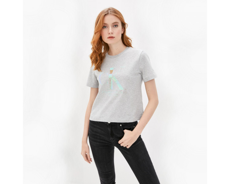 Calvin Klein dámské šedé tričko s holografickým logem