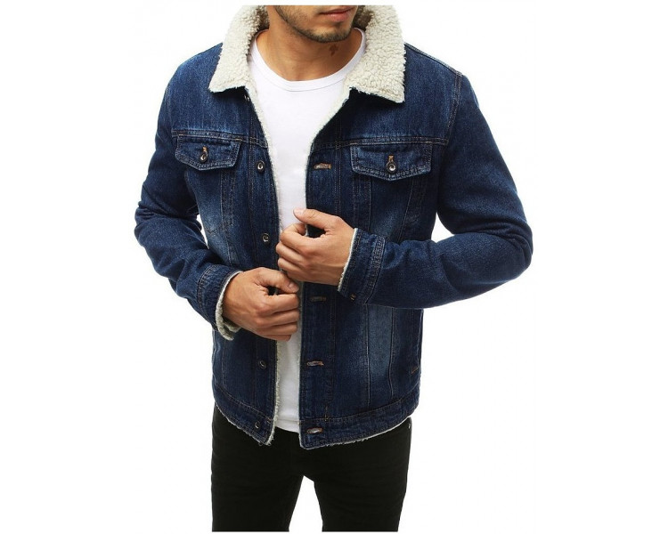 Tmavě modrá pánská džínová bunda s kožíškem