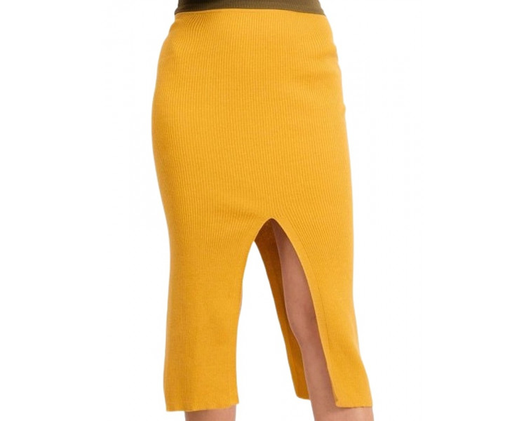 Tmavě-žlutá pletená dámská sukně s rozparkem