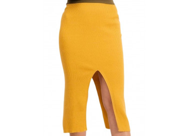 Tmavě-žlutá pletená dámská sukně s rozparkem