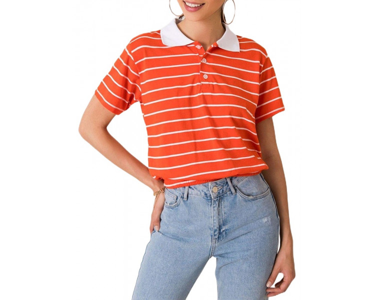Dámské oranžovo-bílé pruhované tričko s límečkem