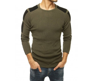 Khaki pánský svetr s černými aplikacemi na ramenou