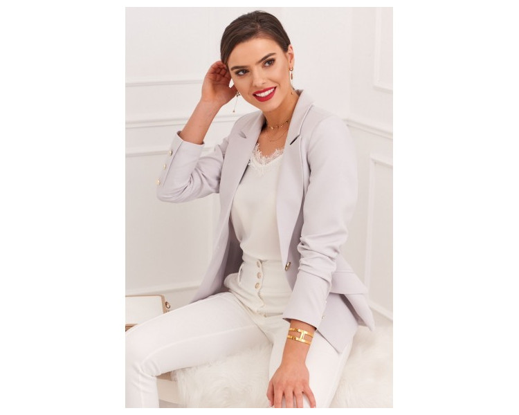 Elegantní dámské sako s klasickým límcem a dlouhými rukávy, šedé