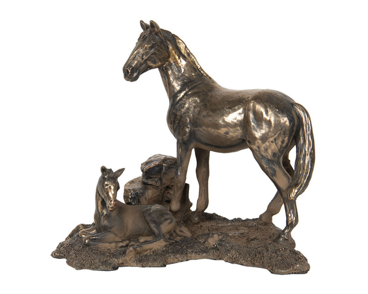 Zlato-hnědá dekorace kůň s hříbětem - 19*13*15 cm