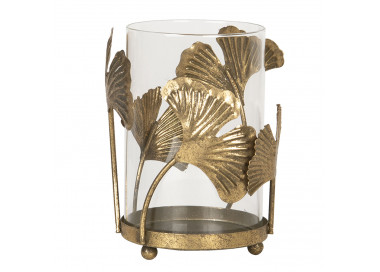 Kovovo-skleněný svícen se zlatými listy – Ø 11*16 cm