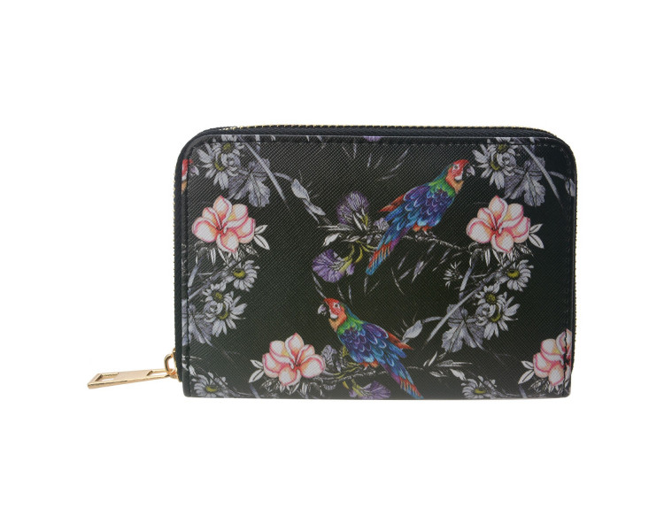 Černá peněženka s květy a papoušky Papagay - 10*15 cm