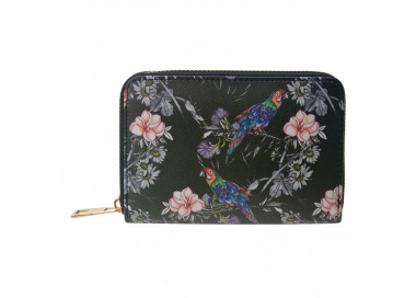 Černá peněženka s květy a papoušky Papagay - 10*15 cm