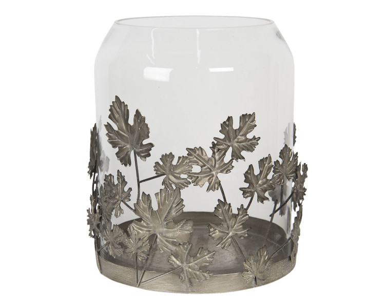 Skleněná lucerna s kovovou dekorací listů – 	Ø 30*35 cm