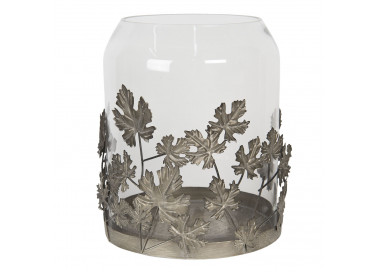 Skleněná lucerna s kovovou dekorací listů – 	Ø 30*35 cm