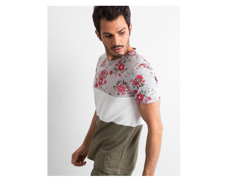 Šedé khaki pánské květinové tričko