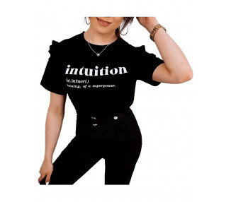 černé tričko s nápisem a volánky intuition