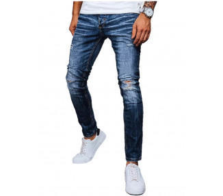 Modré děrované pánské džínové kalhoty