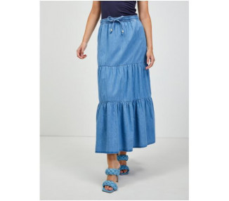 Modrá džínová maxi sukně s volány