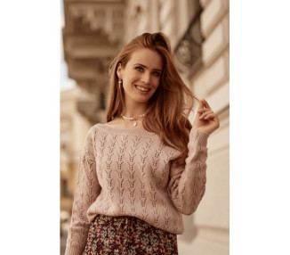 Moderní dámský svetr s prolamování vzorem, růžový