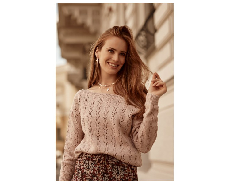 Moderní dámský svetr s prolamování vzorem, růžový