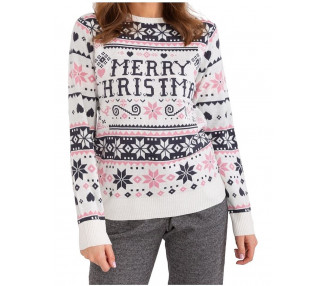 Bílo-růžový dámský svetr s vánočním vzorem