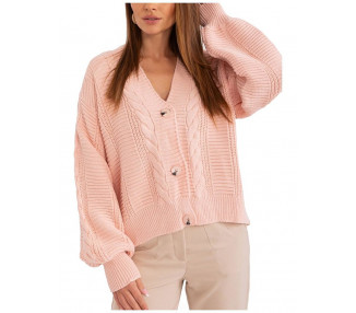 Světle růžový svetr na knoflíky s copánkovým vzorem