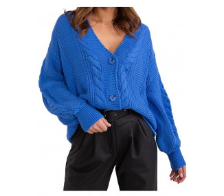 Modrý svetr na knoflíky s copánkovým vzorem