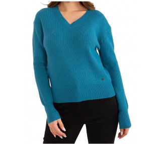 Modrý pletený svetr s výstřihem do v